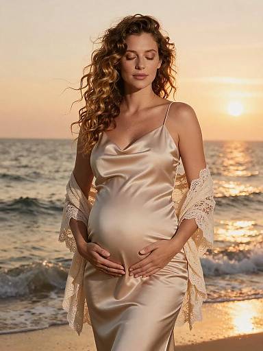 Pregnant woman in satin maternity dress at sunset beach