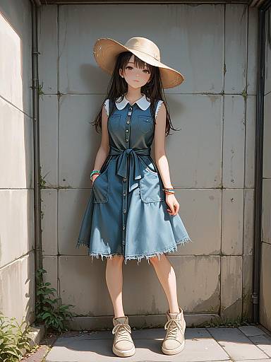 Young Woman in Sleeveless Denim Dress and Wide-Brimmed Hat