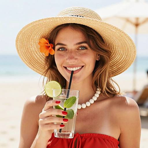 Cheerful Woman in Straw Hat Drinking