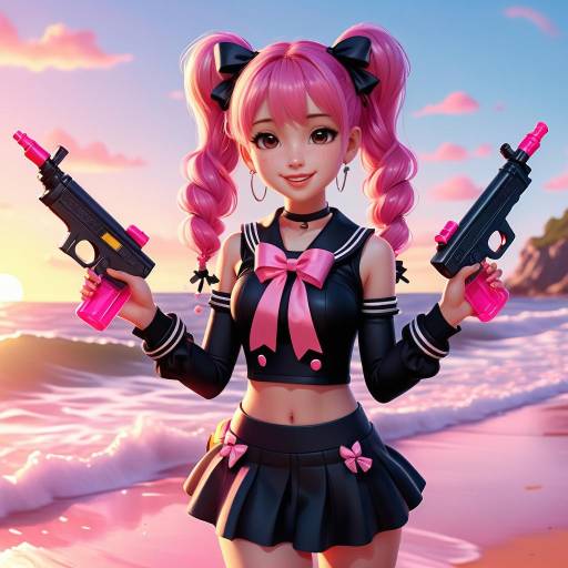 Anime Girl with Water Guns on Beach Sunset