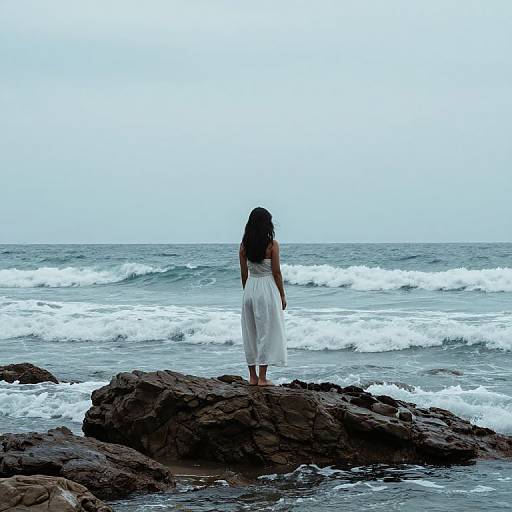 Photograph of a woman with long black hair, wearing a white sleeveless dress, standing on rocky shore, facing ocean with waves.