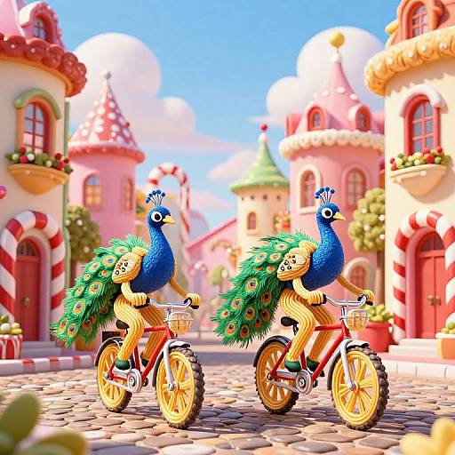 Two vibrant blue peacocks with green feather wreaths ride yellow bicycles down a colorful, whimsical cobblestone street with pastel buildings. Digital
