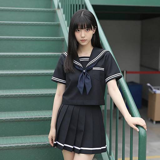 Asian Woman in Black Sailor School Uniform