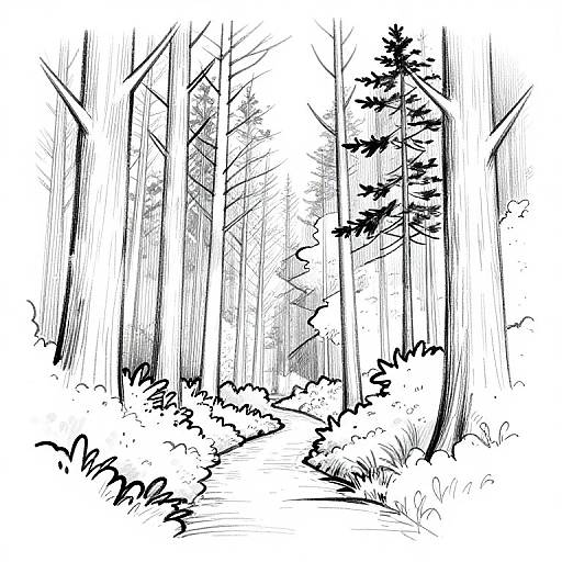 Black-and-white ink drawing of a dense forest with tall, slender trees, sparse foliage, and a winding path through the underbrush.