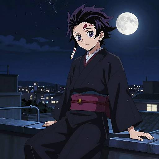 Anime-style digital drawing of a black-haired boy in a black yukata with a red sash, sitting on a rooftop under a full moon,