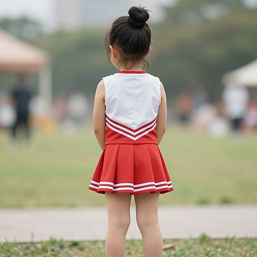 Photograph of a young Asian girl with black hair in a bun, wearing a red and white cheerleader dress, standing with her back to the camera