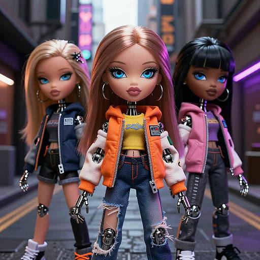 Photorealistic CGI of three Bratz dolls with large blue eyes, standing in a neon-lit urban alley, wearing edgy, colorful outfits.