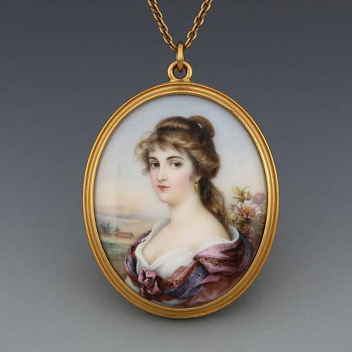 Photograph of an oval, gold pendant featuring a delicate, painted portrait of a young woman with brown hair, wearing a purple dress, against a soft