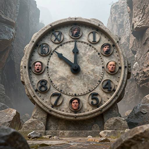 Photorealistic CGI of a large, rustic clock with human faces for numbers, set in a rocky canyon with a misty sky.