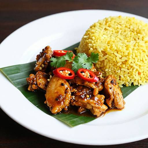 Photograph of grilled chicken in dark sauce with red chili slices and cilantro, served with yellow rice on a banana leaf.