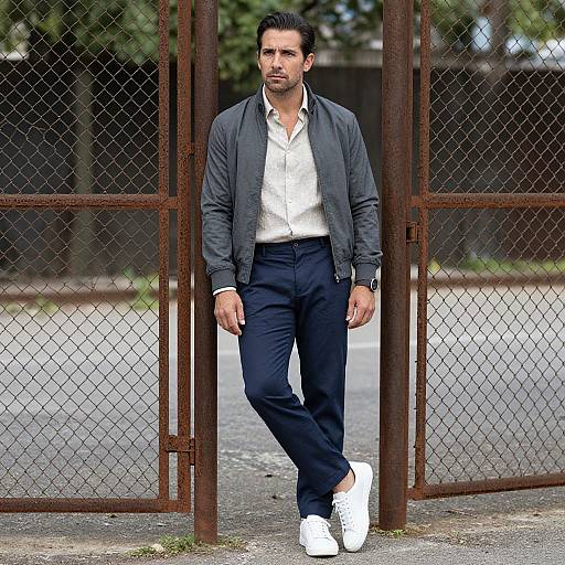 Photograph of a handsome, dark-haired man in a black jacket, white shirt, dark pants, and white sneakers, standing confidently by a rusted