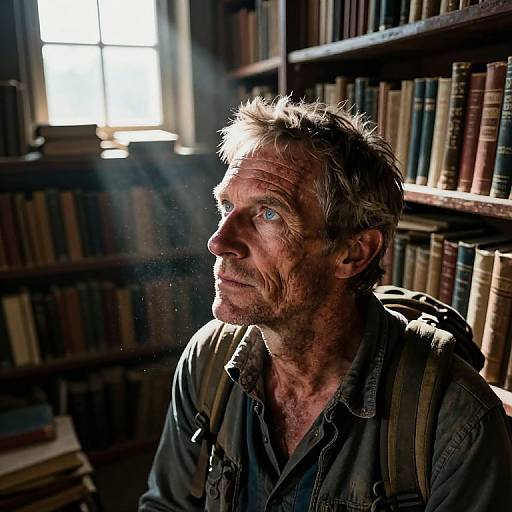 Photograph of a rugged, middle-aged man with sunlit, spiky gray hair, blue eyes, and wrinkled face, wearing a dark shirt