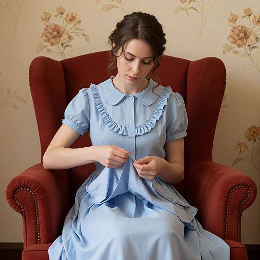Young woman with fair skin and dark hair in a blue Victorian-style dress with ruffled collar, seated in a red velvet armchair, focused on button