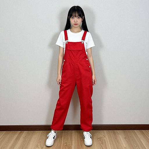 Photograph of an Asian girl with straight black hair, wearing a white t-shirt and bright red overalls, standing against a white wall on wooden flooring