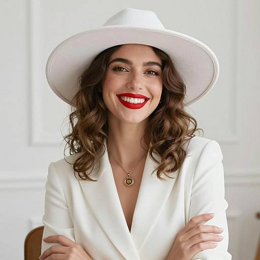 Elegant Woman in White Hat and Blazer