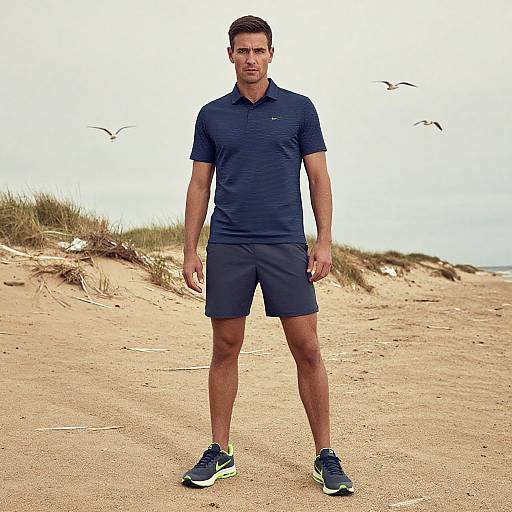 Photograph of a muscular, short-haired man in a navy polo and shorts, standing on a sandy beach with dune grass and seagulls in