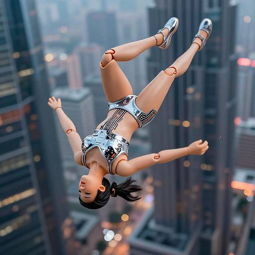 Digital artwork of a female figure with robotic limbs, upside down, flying through a futuristic cityscape with tall buildings and glowing lights. She wears a metallic