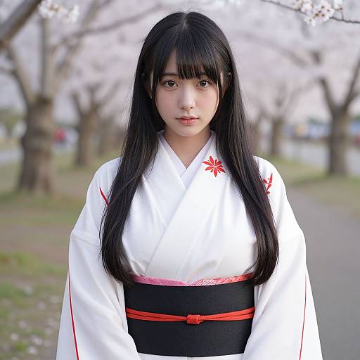 Photograph of a young Japanese woman with long black hair, wearing a white kimono with red accents and black obi, standing in a cherry blossom