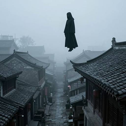 Cloaked Figure Hovering Over Misty Alley