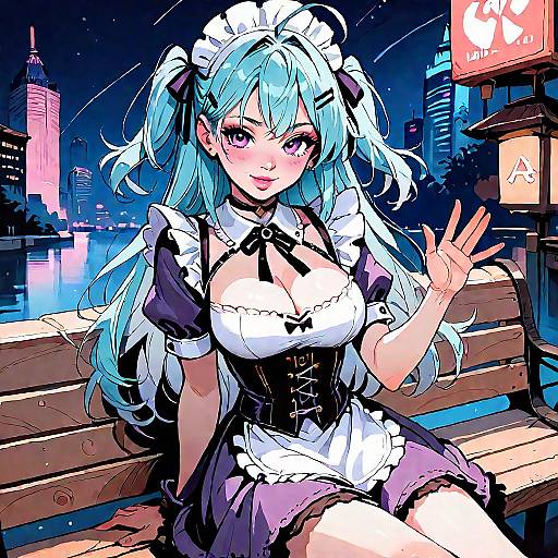 Anime Maid in Purple Dress at Night