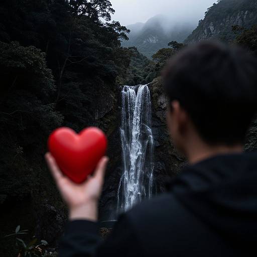 Photograph of a person in the foreground with a blurred red heart, facing a misty waterfall in a dense, dark forest.