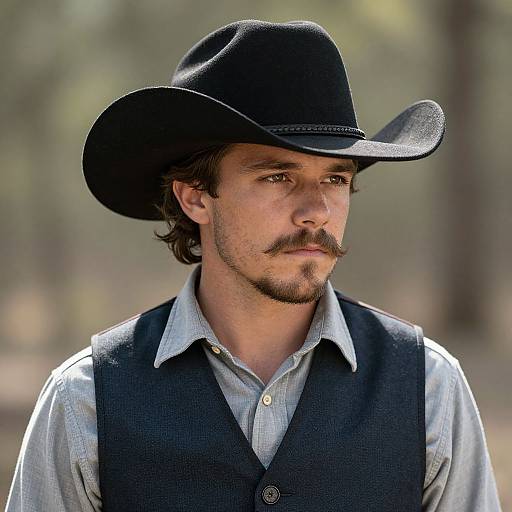 Photograph of a serious white man with brown hair, mustache, wearing a black cowboy hat, gray shirt, and black vest, standing outdoors in