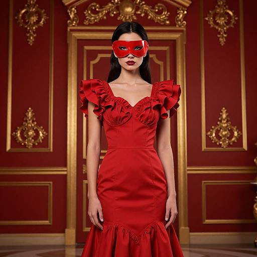 Photograph of a pale-skinned woman with long black hair, wearing a vibrant red dress with ruffled shoulders and a red masquerade mask,