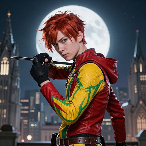 Photorealistic digital artwork of a red-haired woman with spiky hair, wearing a red leather jacket and yellow-green patterned shirt, holding a gun