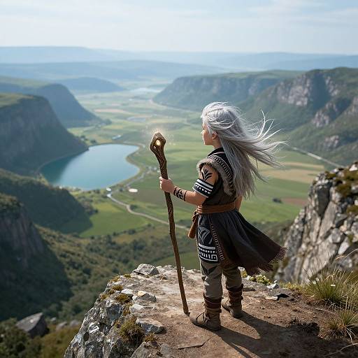 Digital illustration of a silver-haired, armored fantasy warrior standing on a rocky cliff, holding a staff, overlooking a lush mountain valley with a blue lake and