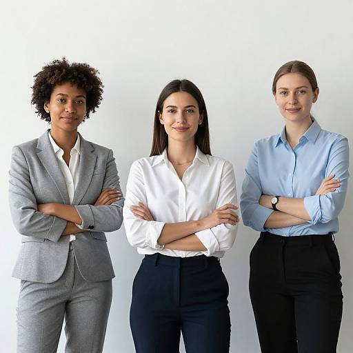 Photograph of three professional women standing with arms crossed against a white background. Left: curly-haired in gray suit, center: straight-haired in white blouse
