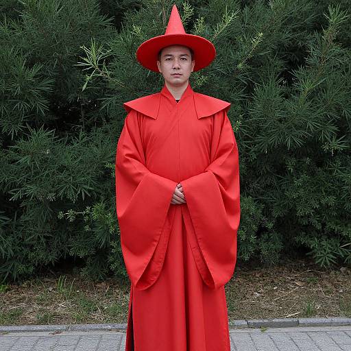 Photograph of a young person in a vibrant red traditional robe and hat, standing in front of dense green bushes on a stone-paved path.