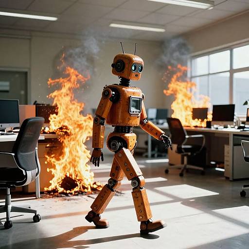 Robot in Burning Office Scene