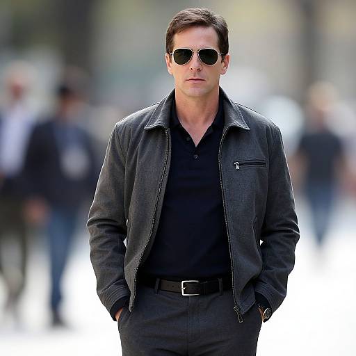 Photograph of a handsome man with short dark hair, wearing black aviator sunglasses, black leather jacket, black shirt, and black pants, standing confidently