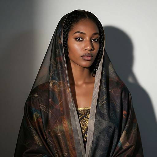 Photograph of a beautiful Black woman with dark skin, wearing a sheer black floral robe, golden top, and braids, against a white background with