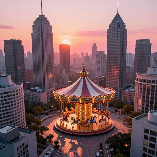Twilight Carousel in Futuristic Cityscape