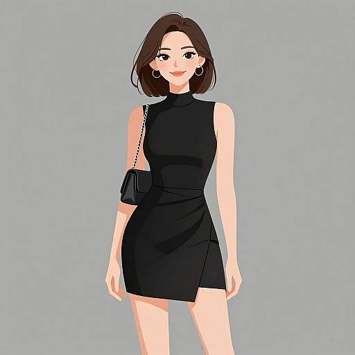 Digital illustration of a smiling woman with short brown hair, wearing a sleeveless black dress, hoop earrings, and a black shoulder bag. Light blue background