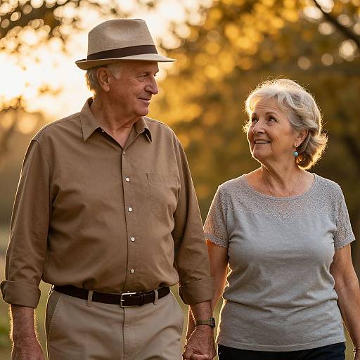 Photograph of an elderly white couple walking outdoors at sunset, wearing casual attire, the man in a beige shirt and hat, the woman in a gray