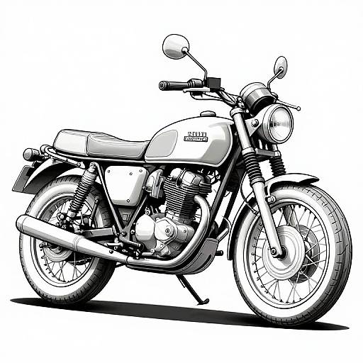 Black and white digital drawing of a classic motorcycle with detailed engine, round headlight, and chrome accents, shown in profile.