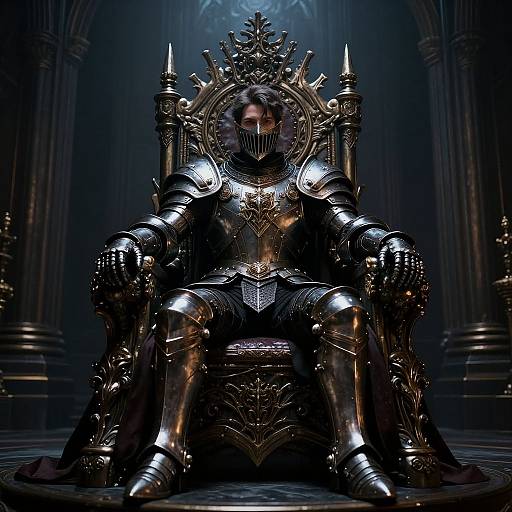 Photorealistic CGI of a dark, armored king with a crowned throne, seated in a gothic cathedral, illuminated by dramatic lighting.