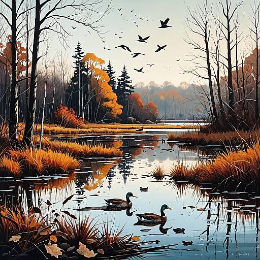 Painterly Autumn Wetland Wildlife Scene