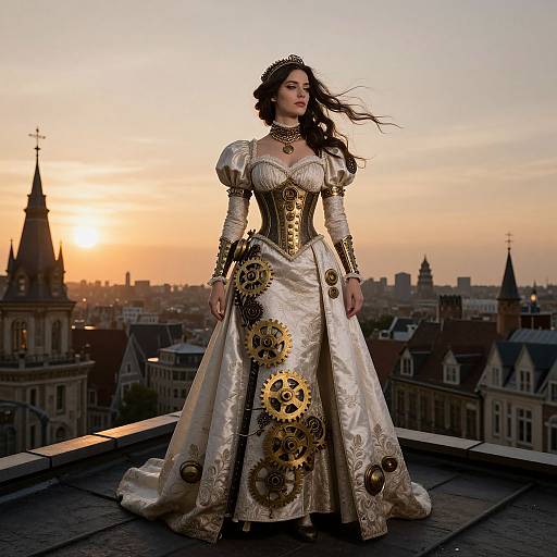 Steampunk queen in elaborate white gown with gold gears, standing on rooftop at sunset, city skyline in background. Digital art.