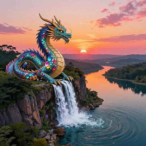 Vibrant, multicolored dragon perched on cliff, overlooking a serene river with waterfall, during a stunning sunset with pink and orange sky.