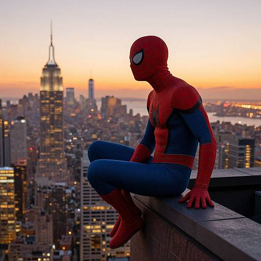 Photograph of a superhero in a red and blue Spider-Man suit, sitting on a rooftop, overlooking a sunset-lit New York City skyline with the