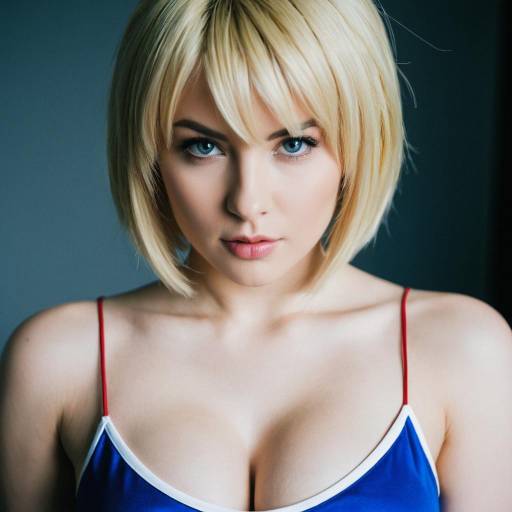 Blonde Woman with Blue Eyes in Blue Dress