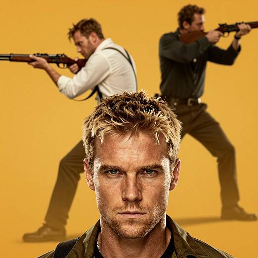 Serious Man with Rifle and Gunmen Background