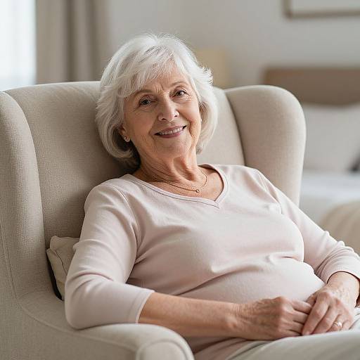 Photograph of an elderly white woman with short white hair, smiling, wearing a light pink long-sleeve shirt, seated in a beige armchair