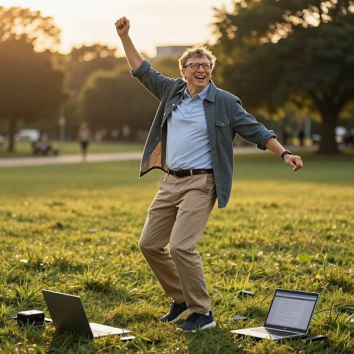 Photograph of a happy, middle-aged man with glasses, blue shirt, and beige pants, celebrating outdoors with raised fist, surrounded by laptops on grass