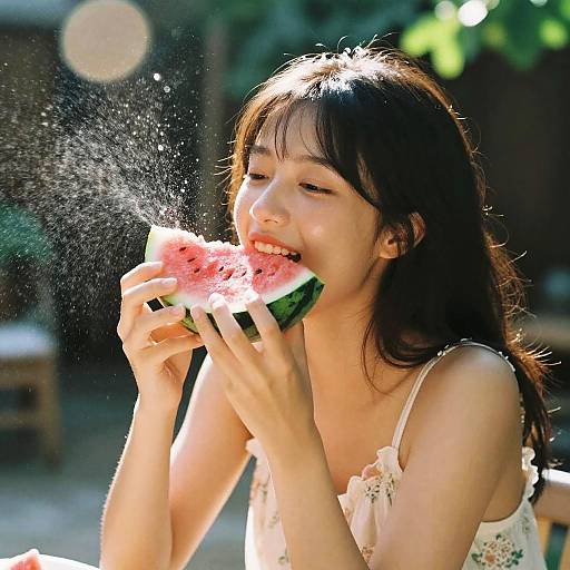 Photograph of a smiling Asian woman with long black hair eating watermelon, sunlight sparkling water droplets, wearing a white floral dress outdoors.