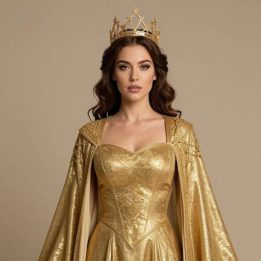 Photograph of a fair-skinned woman with wavy brown hair, wearing a gold, glittery, strapless gown and matching crown, against a