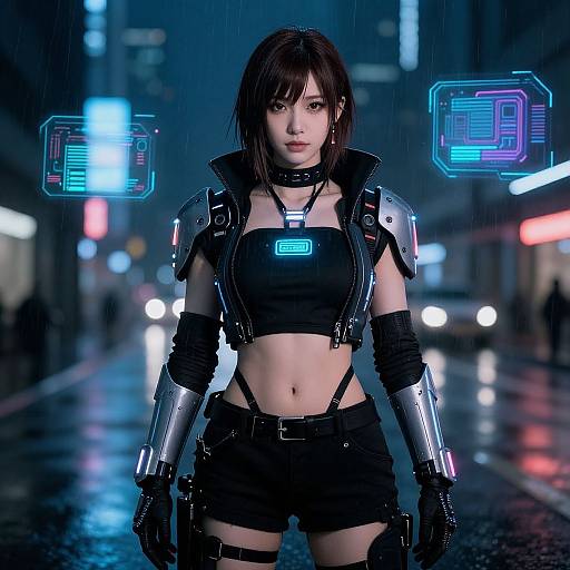 CGI cyberpunk scene: Asian woman with short black hair, black crop top, metallic arm guards, black shorts, glowing neon signs, rain-so